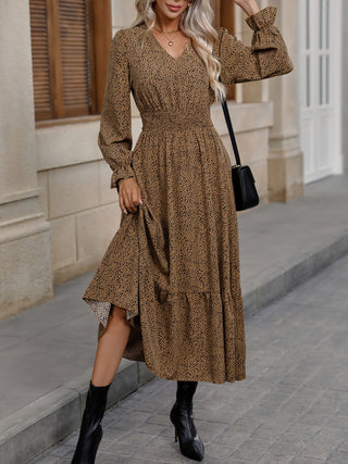V-Neck Flounce Sleeve Ruffle Hem Dress
