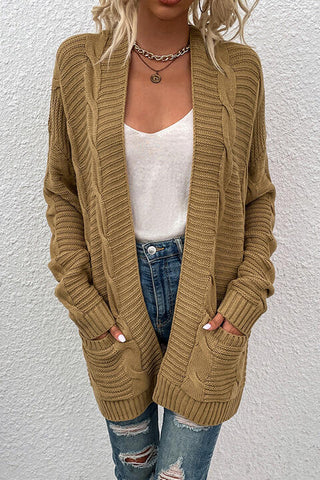 Cable-Knit Open Front Cardigan with Pockets