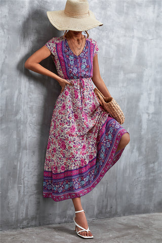 V-Neck Short Sleeve Printed Maxi Dress