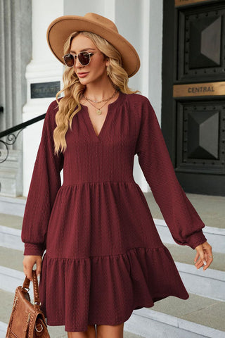 Notched Neck Long Sleeve Mini Dress