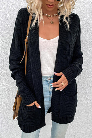 Cable-Knit Open Front Cardigan with Pockets